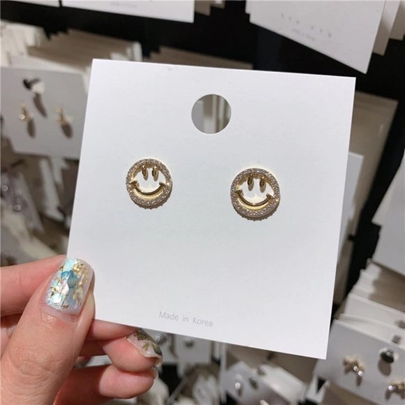 NEW Yellow Gold Diamond Smiley Face Stud Earrings - Picture 10 of 12